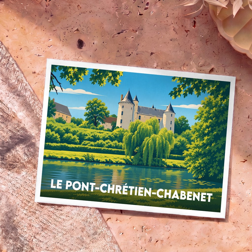 Carte postale souvenir de la ville de Le Pont-Chrétien-Chabenet avec une illustration stylisée de son château au bord de l'eau.