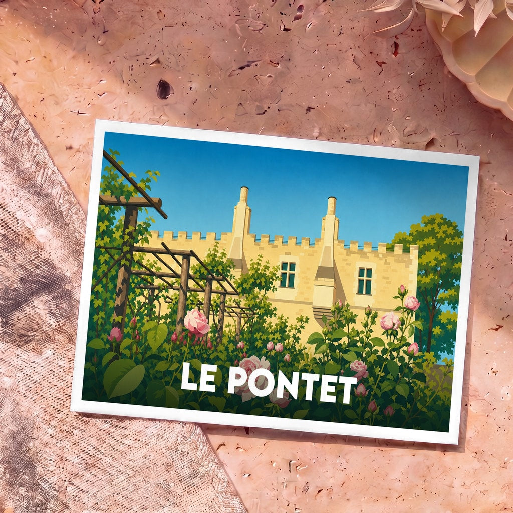 Carte postale souvenir de la ville de Le Pontet avec une illustration stylisée d'un château et de jardins fleuris.