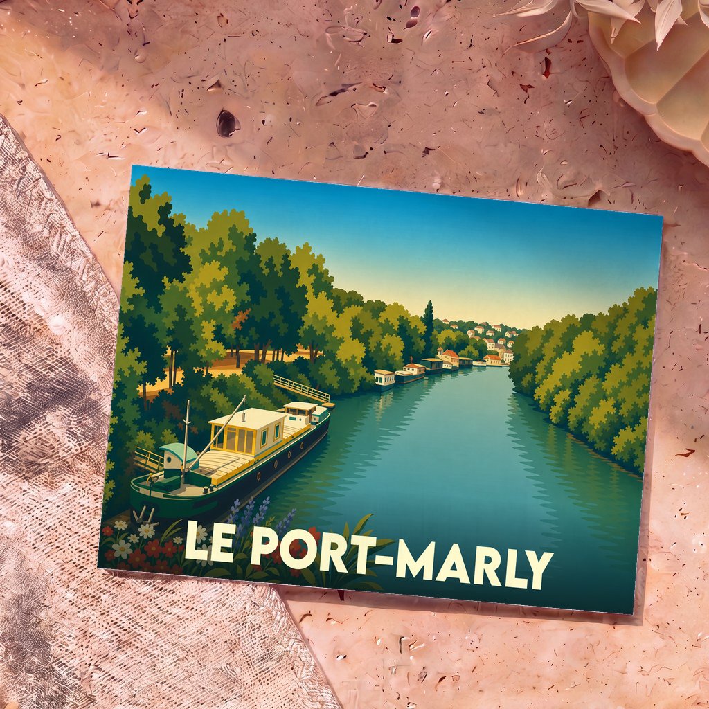 Carte postale souvenir de la ville de Le Port-Marly illustrant une péniche sur la Seine bordée de verdure.