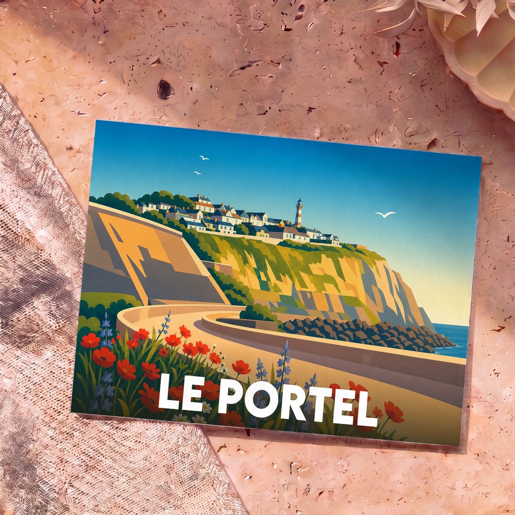 Carte postale souvenir de la ville de Le Portel présentant une illustration stylisée de son front de mer et de son phare.