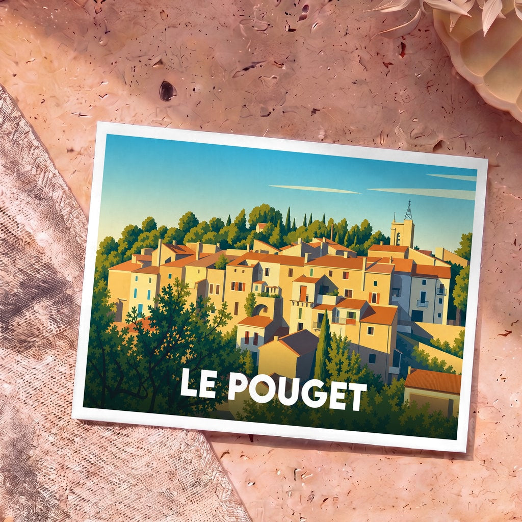 Carte postale souvenir de la ville de Le Pouget avec une illustration stylisée.