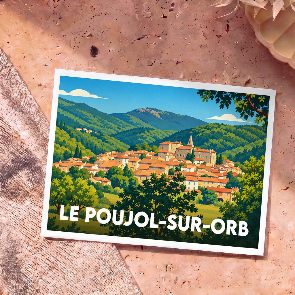 Carte postale souvenir de la ville de Le Poujol-sur-Orb avec une illustration stylisée.