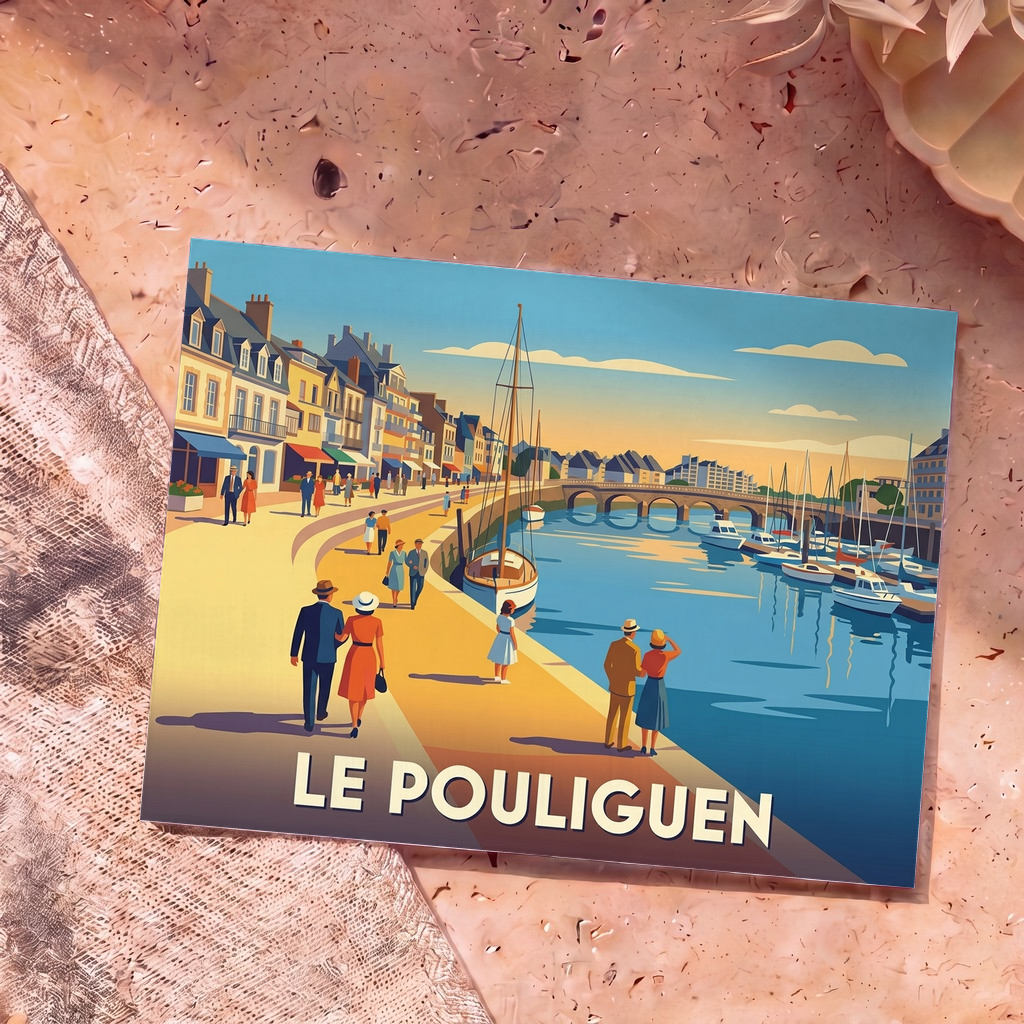 Carte postale souvenir de la ville de Le Pouliguen avec une illustration stylisée de son port de plaisance.