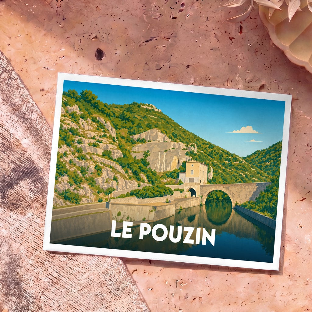 Carte postale souvenir de la ville de Le Pouzin présentant une illustration stylisée d'un pont en pierre au pied d'une montagne.