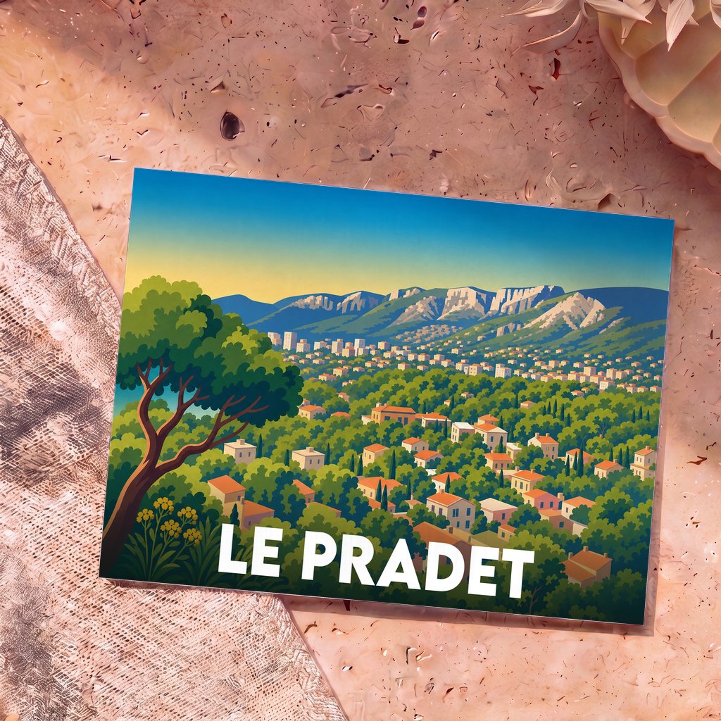 Carte postale souvenir de la ville du Pradet avec une illustration stylisée.