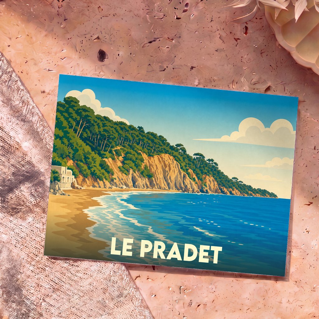 Carte postale souvenir de la ville du Pradet présentant une illustration stylisée de son littoral escarpé et ensoleillé.
