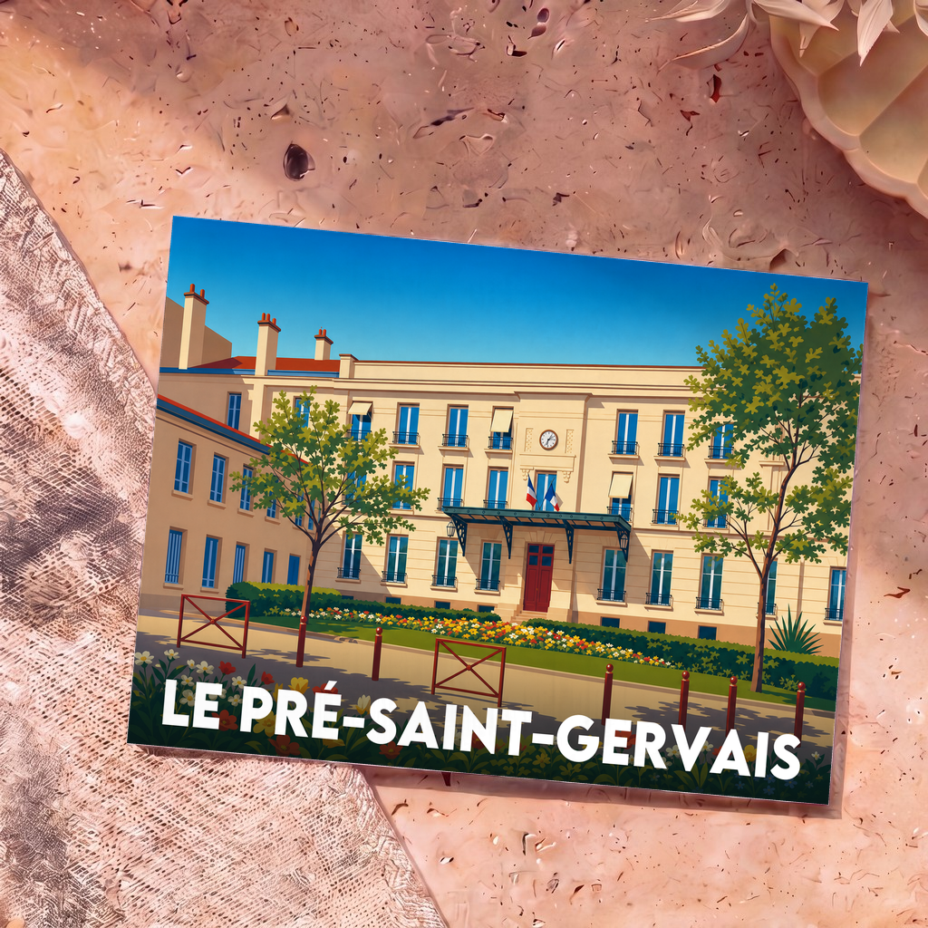 Carte postale souvenir de la ville de Le Pré-Saint-Gervais avec une illustration stylisée de la mairie.