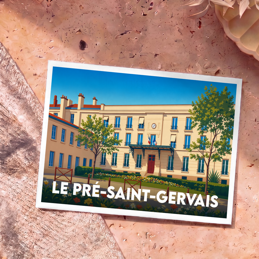 Carte postale souvenir de la ville de Le Pré-Saint-Gervais avec une illustration stylisée de la mairie.