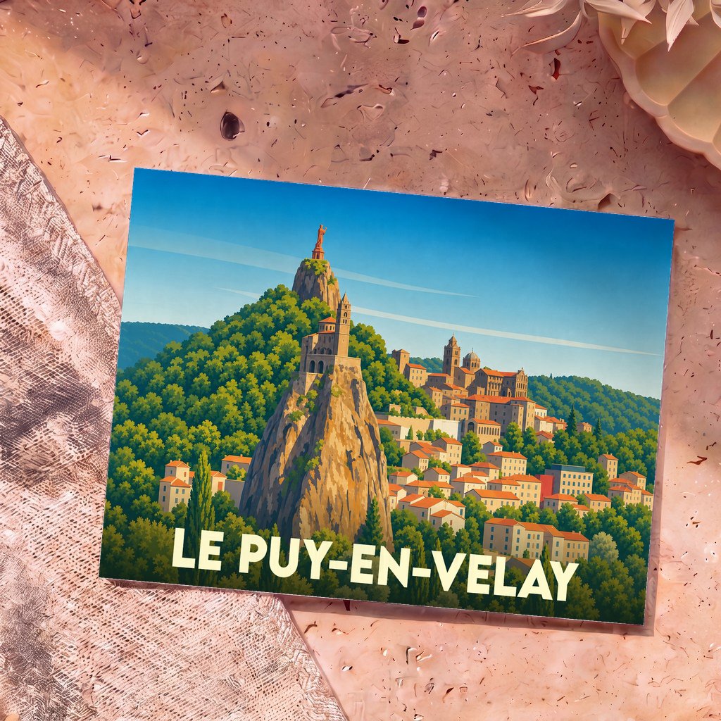 Carte postale souvenir de la ville de Le Puy-en-Velay avec une illustration stylisée de ses rochers et monuments emblématiques.