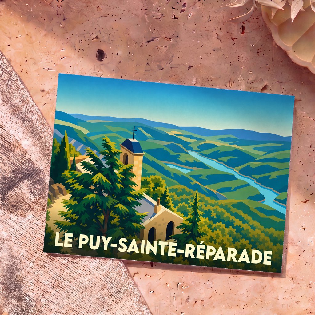 Carte postale souvenir de la ville de Le Puy-Sainte-Réparade avec une illustration stylisée d'un paysage provençal.