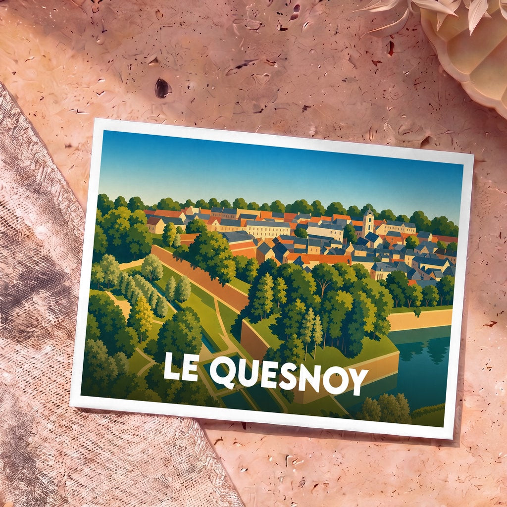 Carte postale souvenir de la ville de Le Quesnoy avec une illustration stylisée de ses remparts et de ses jardins.
