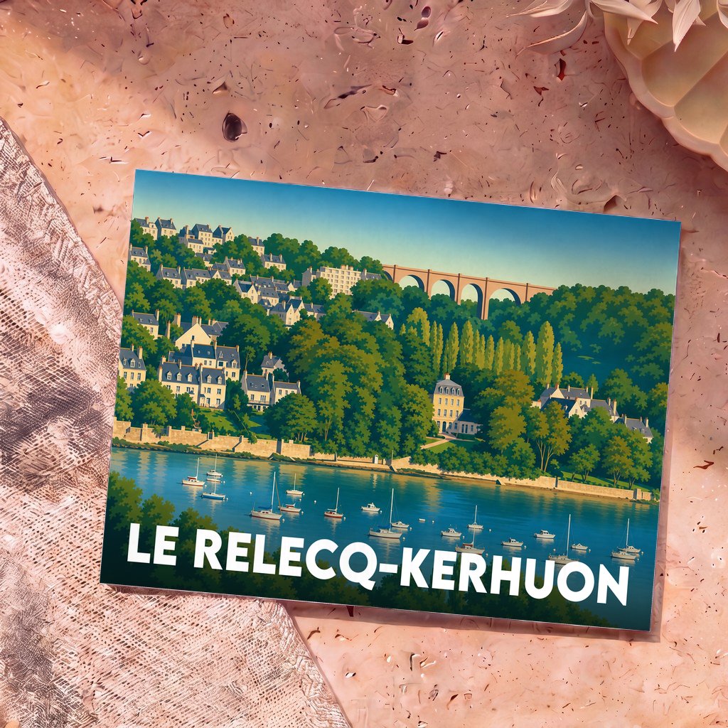Carte postale souvenir de la ville de Le Relecq-Kerhuon avec une illustration stylisée montrant des maisons, un pont et des voiliers sur l'eau.