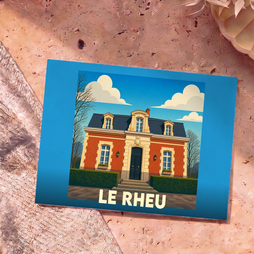 Carte postale souvenir de la ville de Le Rheu avec une illustration stylisée d'une maison bourgeoise traditionnelle.