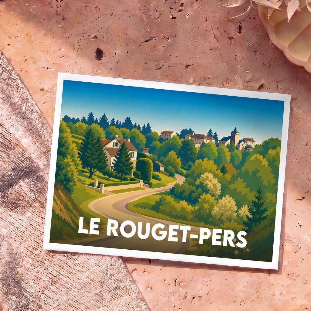 Carte postale souvenir de la commune de Le Rouget-Pers avec une illustration stylisée et colorée de ses paysages vallonnés.