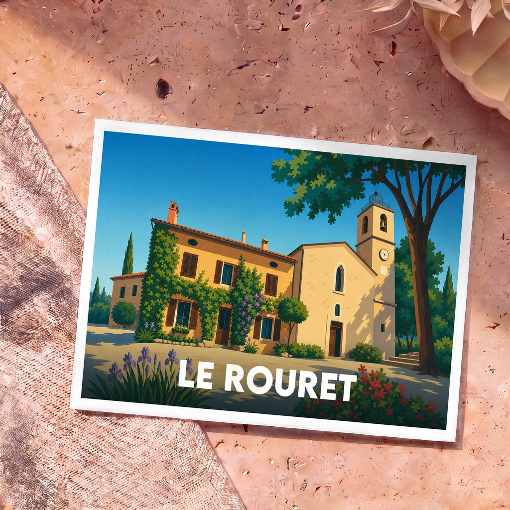 Carte postale souvenir de la ville de Le Rouret avec une illustration stylisée d'une église provençale sous un ciel bleu.