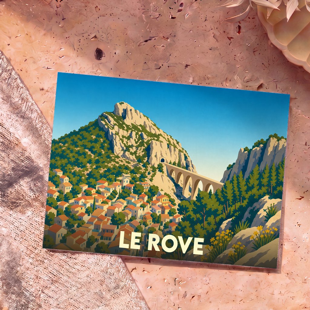 Carte postale souvenir de la ville de Le Rove illustrant un village provençal niché au pied d'un viaduc et de collines escarpées.