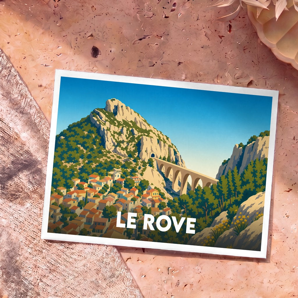 Carte postale souvenir de la ville de Le Rove illustrant un village provençal niché au pied d'un viaduc et de collines escarpées.