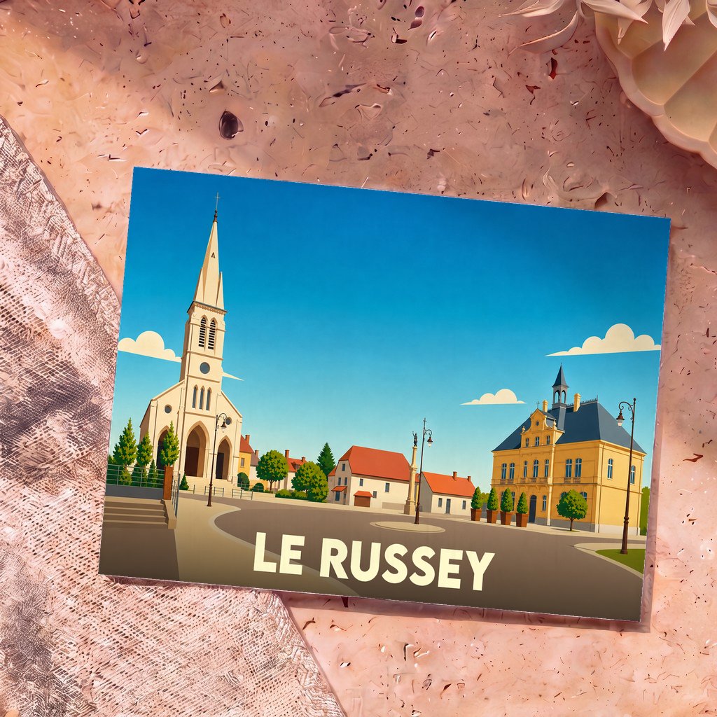 Carte postale souvenir de la ville de Le Russey avec une illustration stylisée de son église et de sa mairie.