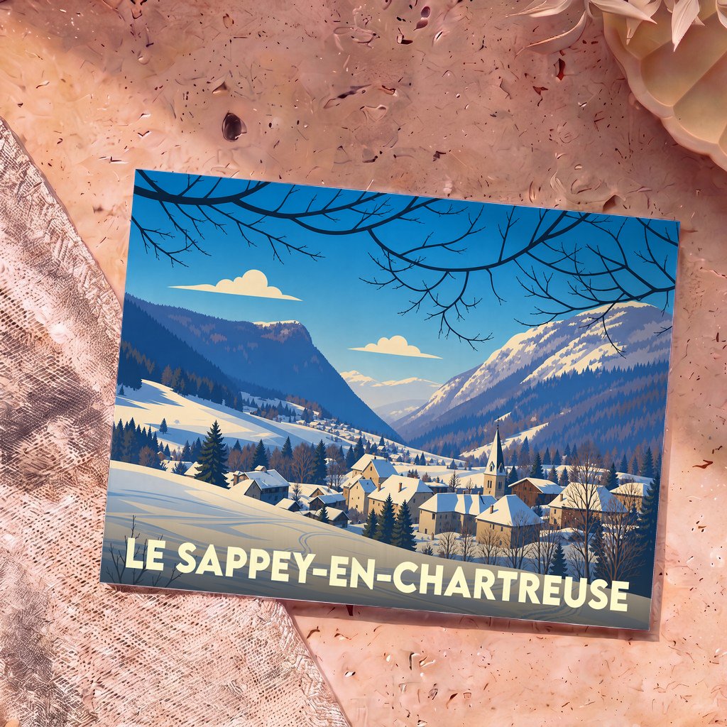 Carte postale souvenir de la ville de Le Sappey-en-Chartreuse avec une illustration stylisée de montagne enneigée.