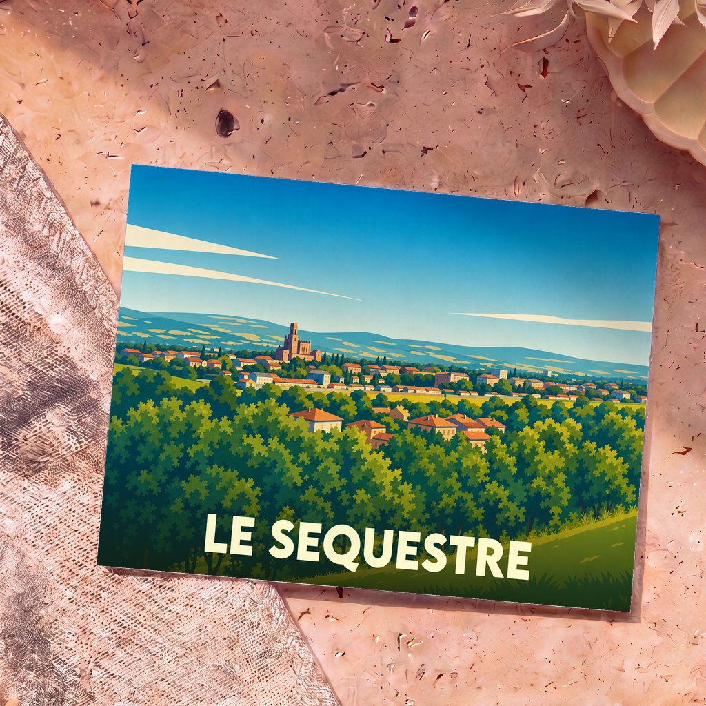 Carte postale souvenir de la ville de Le Sequestre avec une illustration stylisée d'un paysage urbain verdoyant.