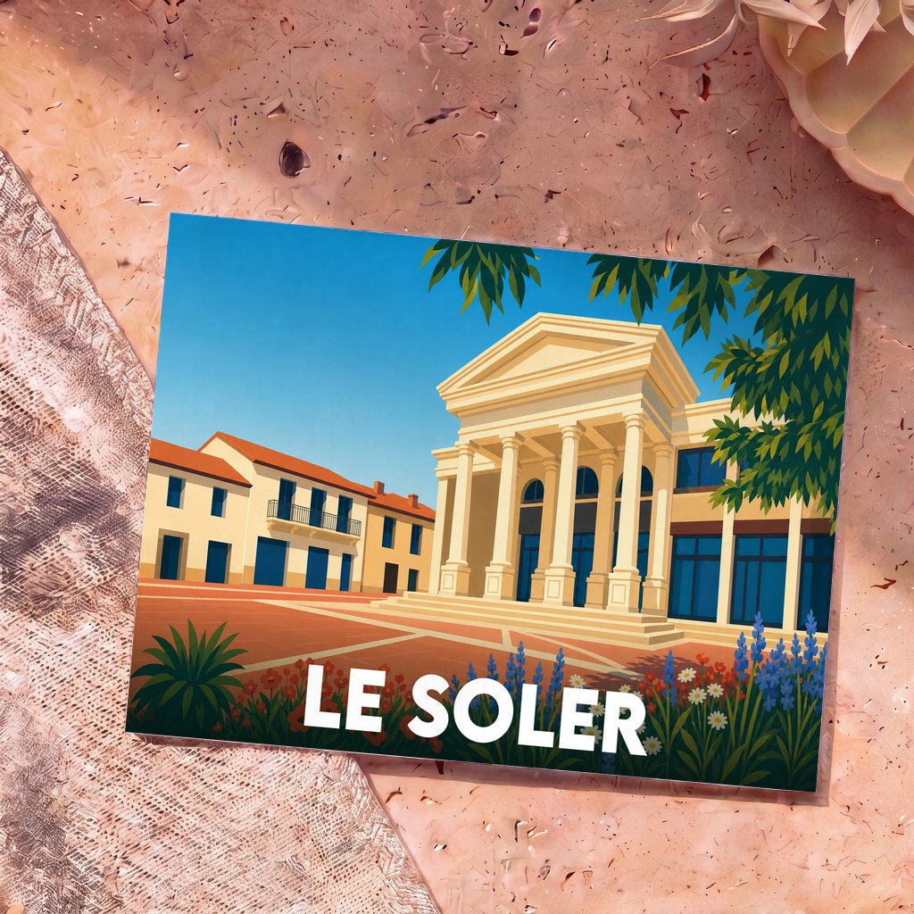 Carte postale souvenir de la ville de Le Soler avec une illustration stylisée de son architecture.