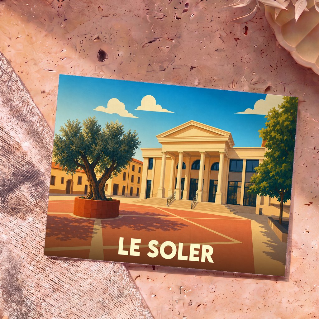 Carte postale souvenir de la ville de Le Soler avec une illustration stylisée de sa place principale.