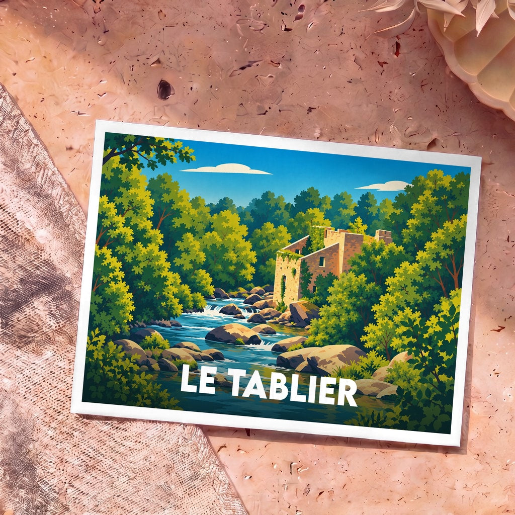 Carte postale souvenir de la commune de Le Tablier avec une illustration stylisée d'un ancien moulin au bord d'une rivière boisée.