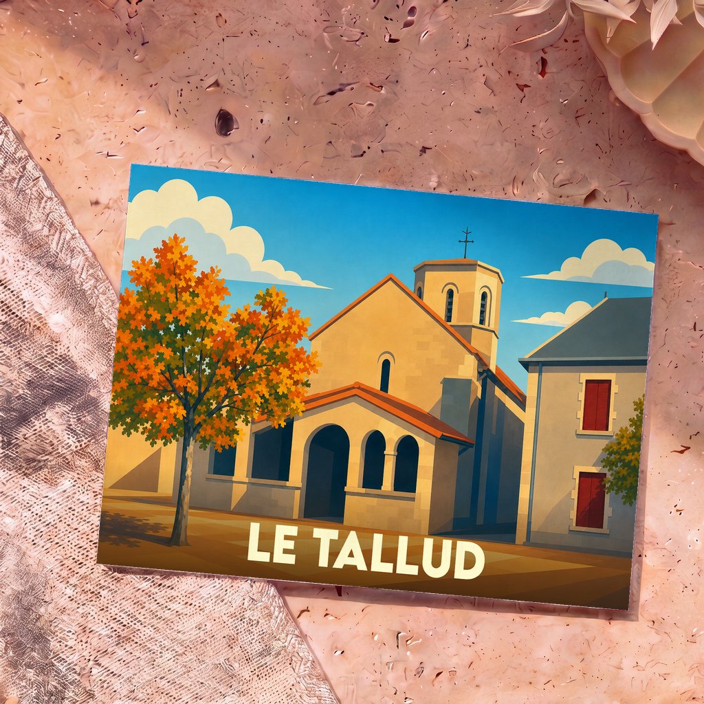 Carte postale souvenir de la ville de Le Tallud avec une illustration stylisée d'une église sous un ciel bleu.
