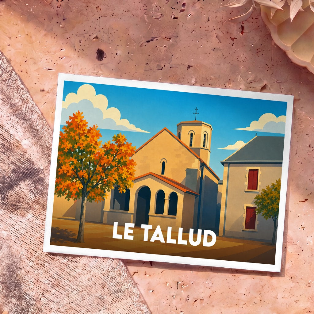 Carte postale souvenir de la ville de Le Tallud avec une illustration stylisée d'une église sous un ciel bleu.