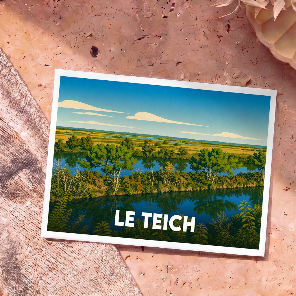 Carte postale souvenir de la ville de Le Teich avec une illustration stylisée de ses paysages naturels.