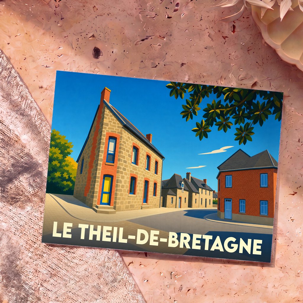 Carte postale souvenir de la ville de Le Theil-de-Bretagne avec une illustration stylisée et colorée de ses bâtiments typiques.