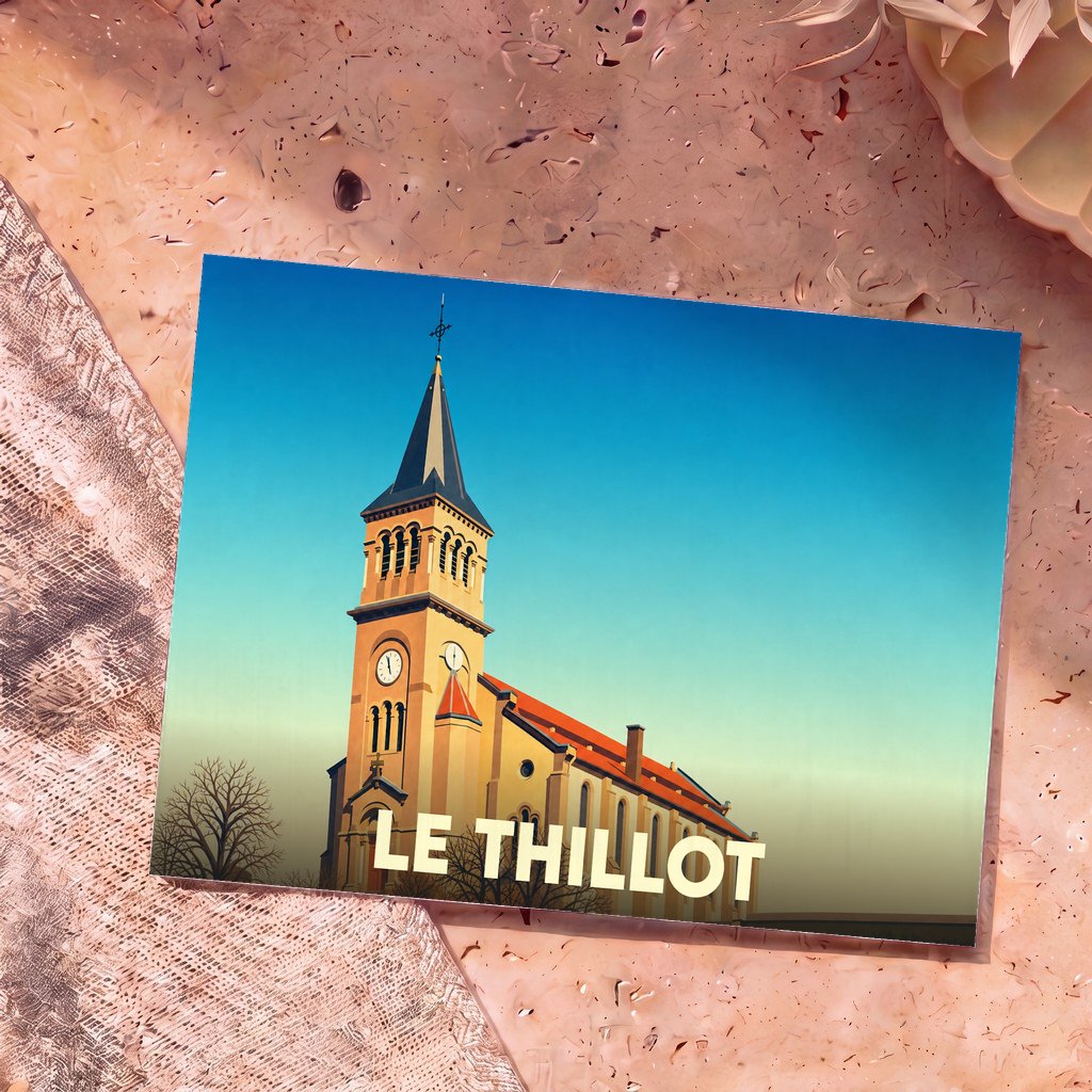 Carte postale souvenir de la ville de Le Thillot avec une illustration stylisée de son église.