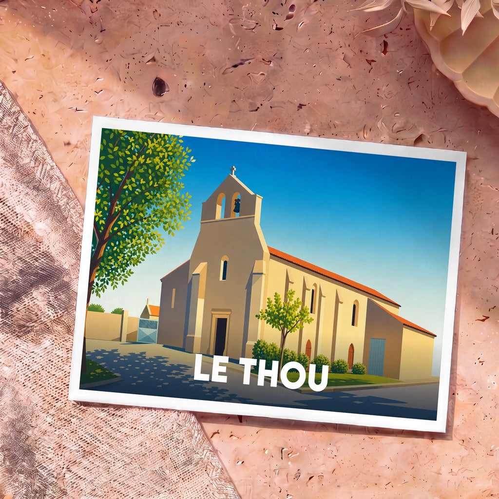 Carte postale souvenir de la ville de Le Thou avec une illustration stylisée de son église sous un ciel bleu.