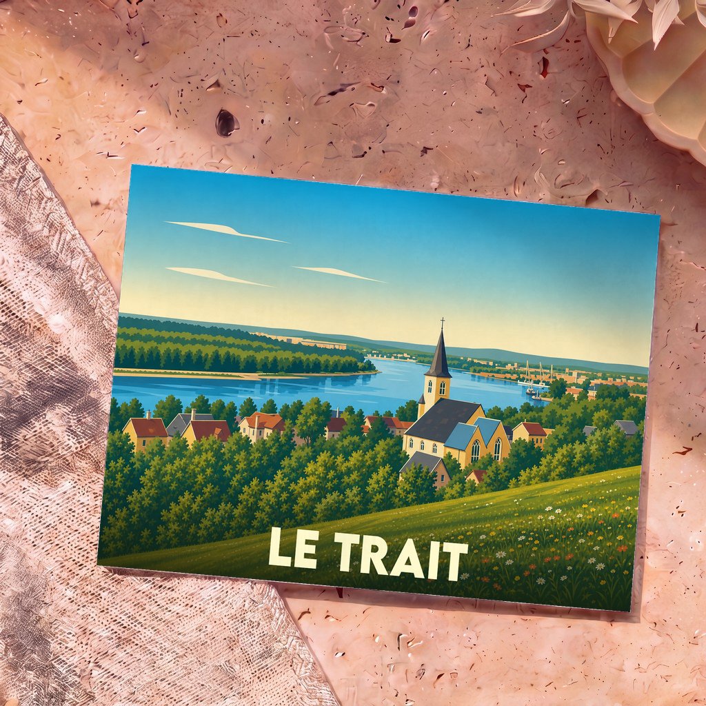 Carte postale souvenir de la ville de Le Trait avec une illustration stylisée d'un paysage fluvial et d'une église.
