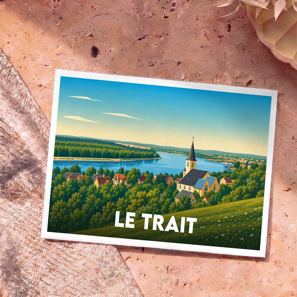 Carte postale souvenir de la ville de Le Trait avec une illustration stylisée d'un paysage fluvial et d'une église.