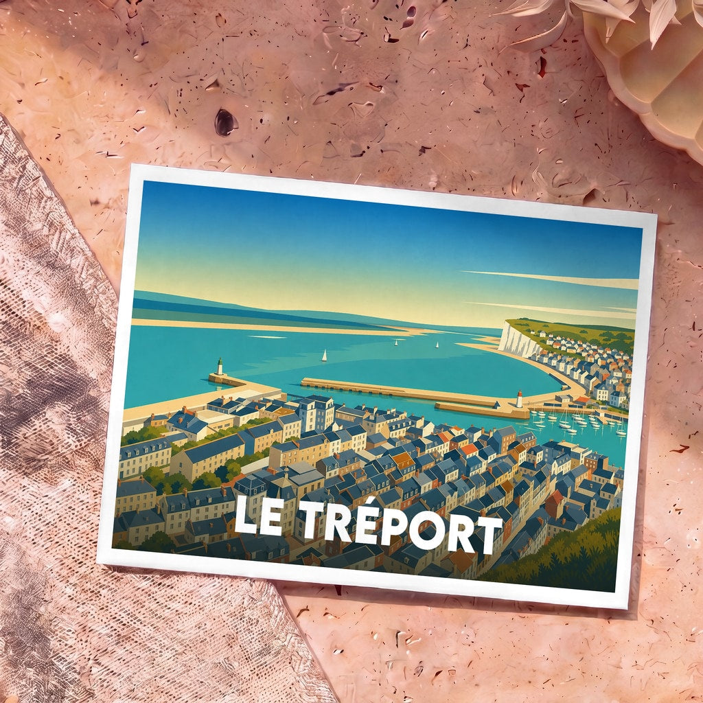 Carte postale souvenir de la ville de Le Tréport avec une illustration stylisée de son port et de ses falaises.
