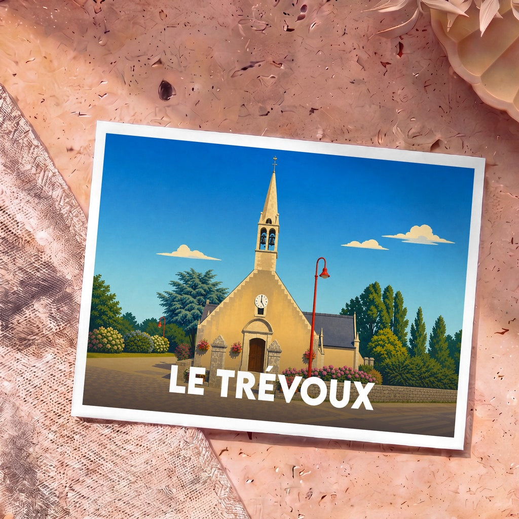 Carte postale souvenir de la ville de Le Trévoux avec une illustration stylisée de son église.