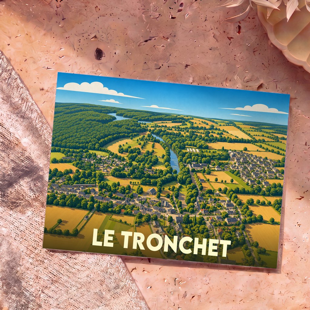 Carte postale souvenir de la commune de Le Tronchet présentant une illustration aérienne et stylisée de ses paysages verdoyants.