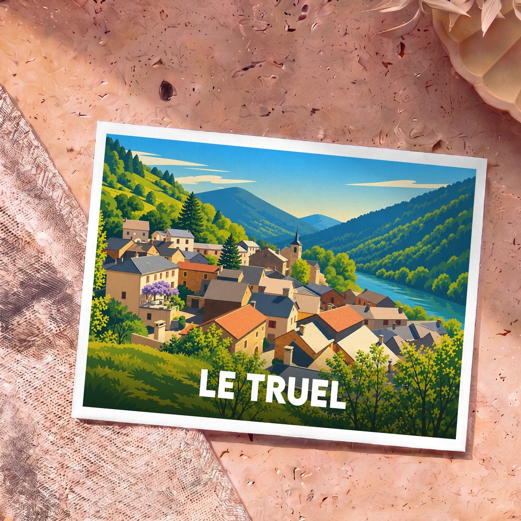 Carte postale souvenir de la ville de Le Truel avec une illustration stylisée d'un village dans une vallée.