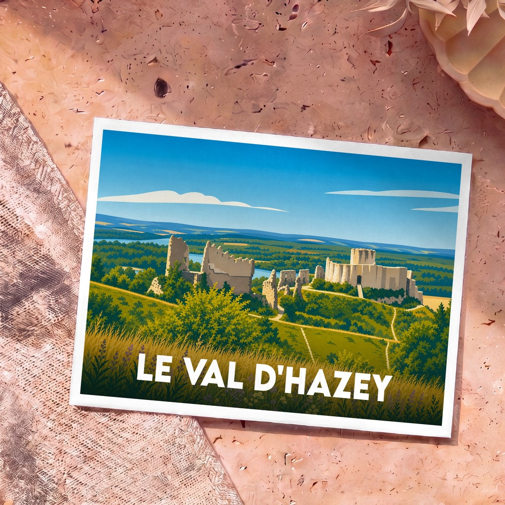 Carte postale souvenir de la ville de Le Val d'Hazey avec une illustration stylisée d'un château médiéval en ruines surplombant une vallée.