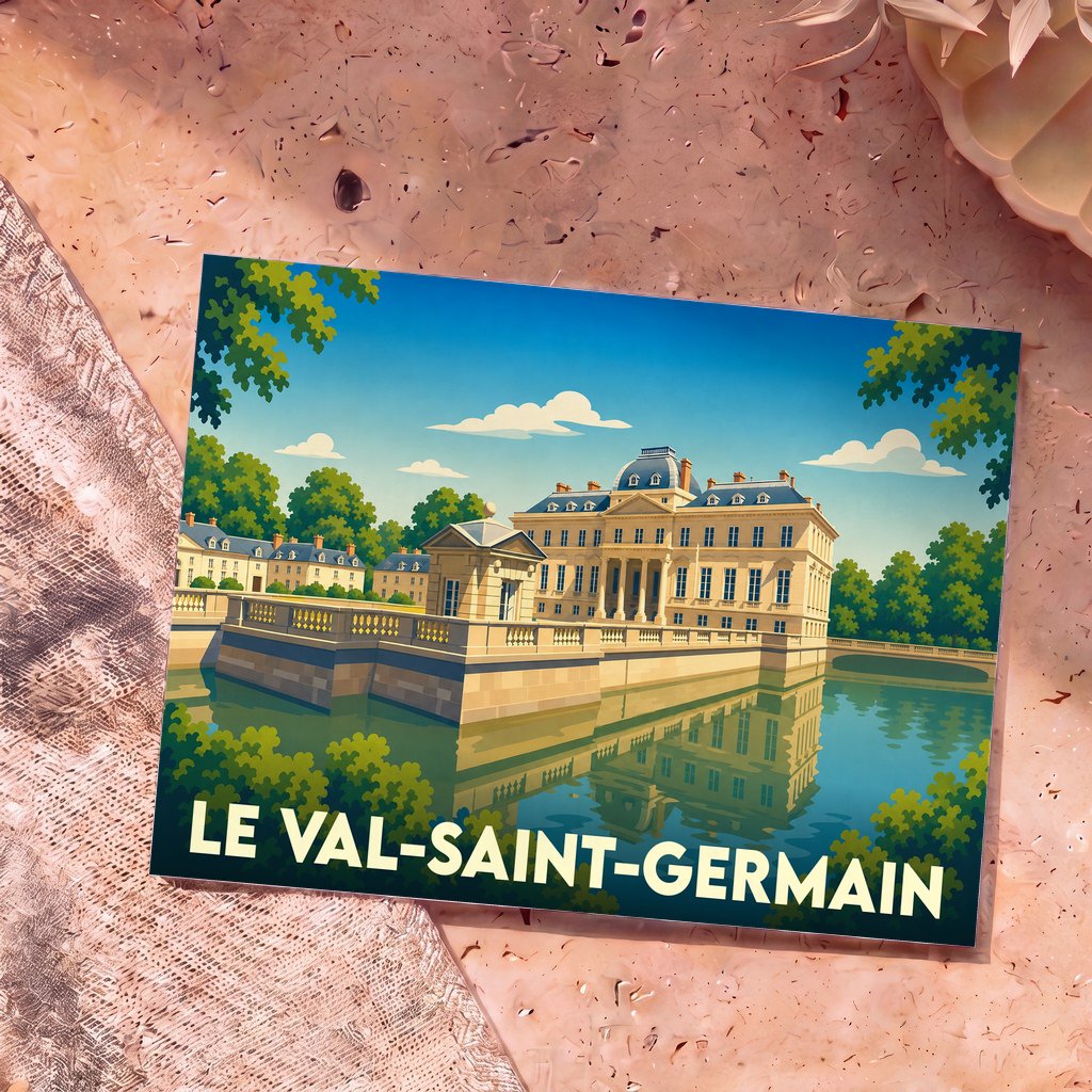 Carte postale souvenir de la ville de Le Val-Saint-Germain arborant une illustration stylisée de son château et de ses reflets sur l'eau.