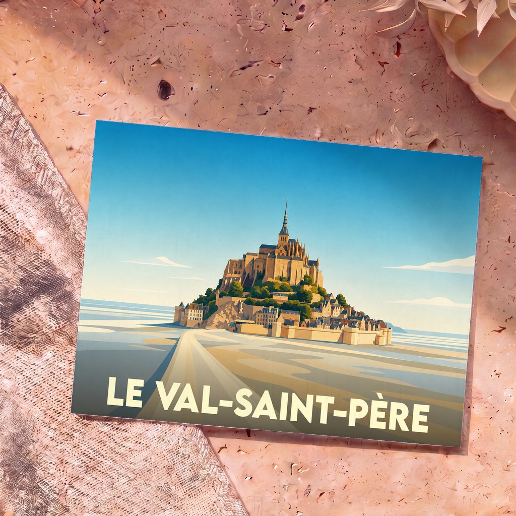 Carte postale souvenir de la ville de Le Val-Saint-Père avec une illustration stylisée du Mont-Saint-Michel.