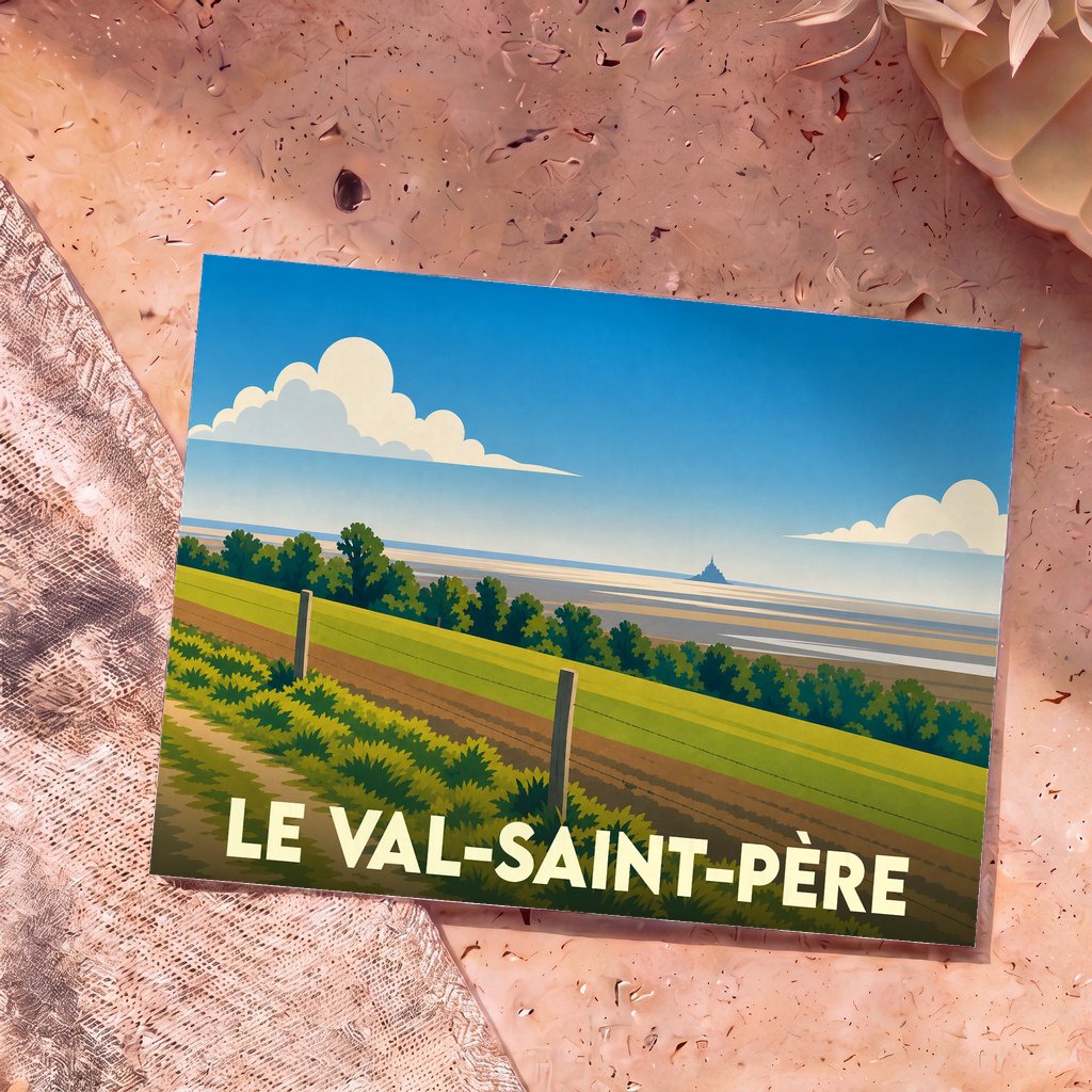 Carte postale souvenir de la ville de Le Val-Saint-Père avec une illustration stylisée de la baie du Mont-Saint-Michel.