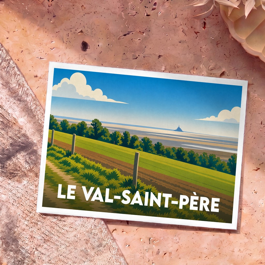 Carte postale souvenir de la ville de Le Val-Saint-Père avec une illustration stylisée de la baie du Mont-Saint-Michel.