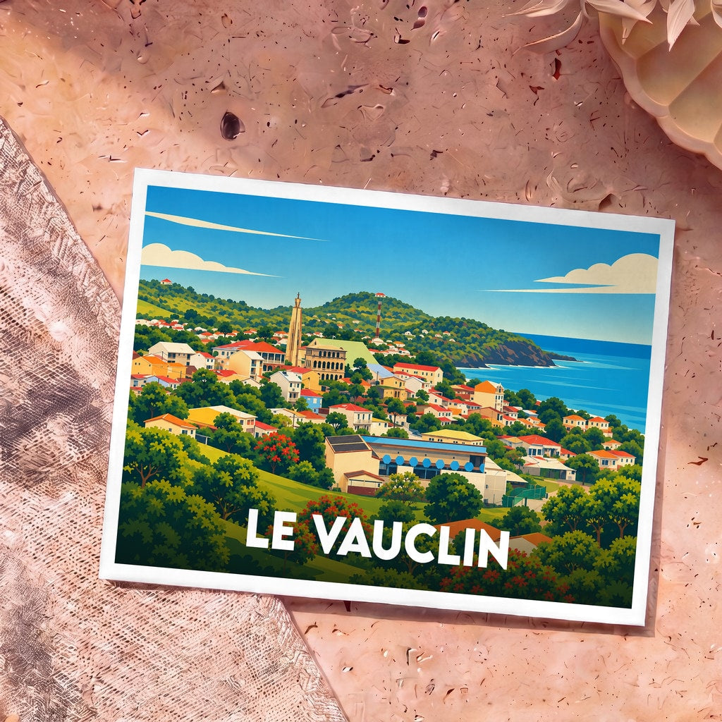 Carte postale souvenir de la ville de Le Vauclin avec une illustration colorée et stylisée du littoral.