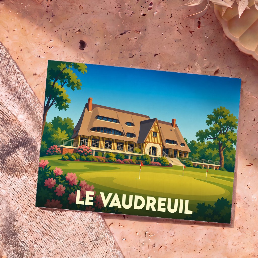 Carte postale souvenir de la ville de Le Vaudreuil illustrant son golf et son club-house de style normand.