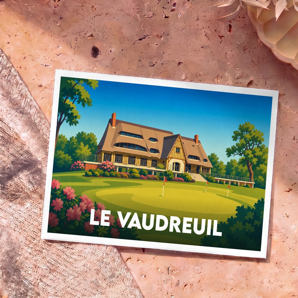 Carte postale souvenir de la ville de Le Vaudreuil avec une illustration stylisée de son golf.