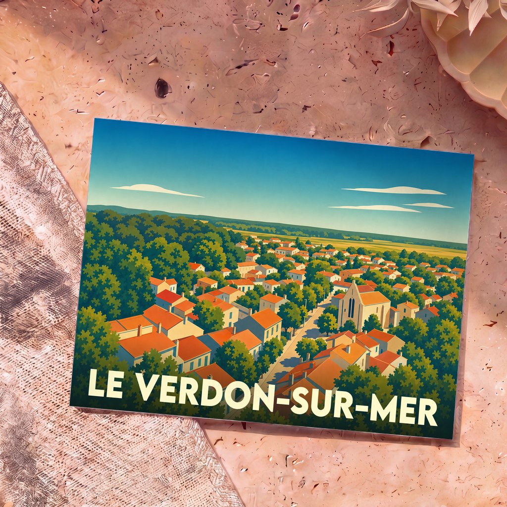 Carte postale souvenir de la ville de Le Verdon-sur-Mer avec une illustration stylisée d'un village côtier.