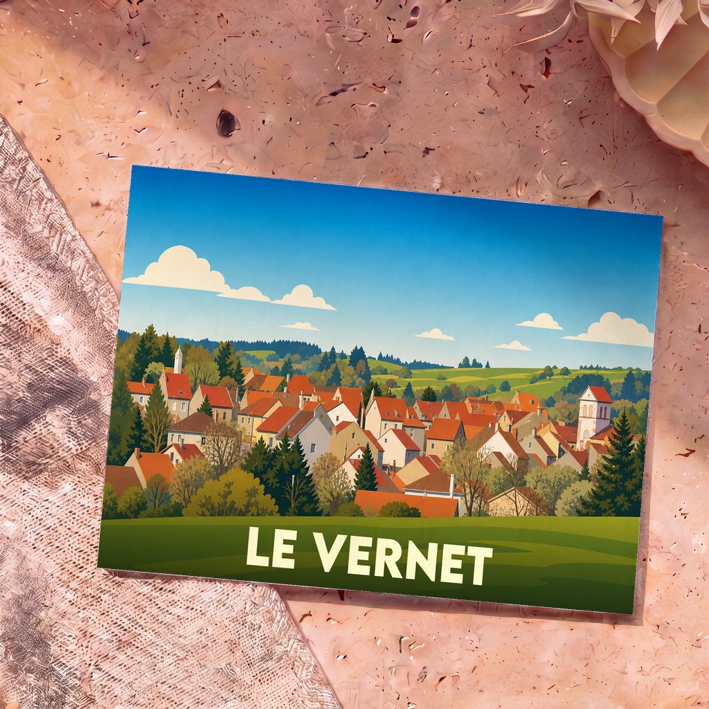 Carte postale souvenir de la ville de Le Vernet avec une illustration stylisée.