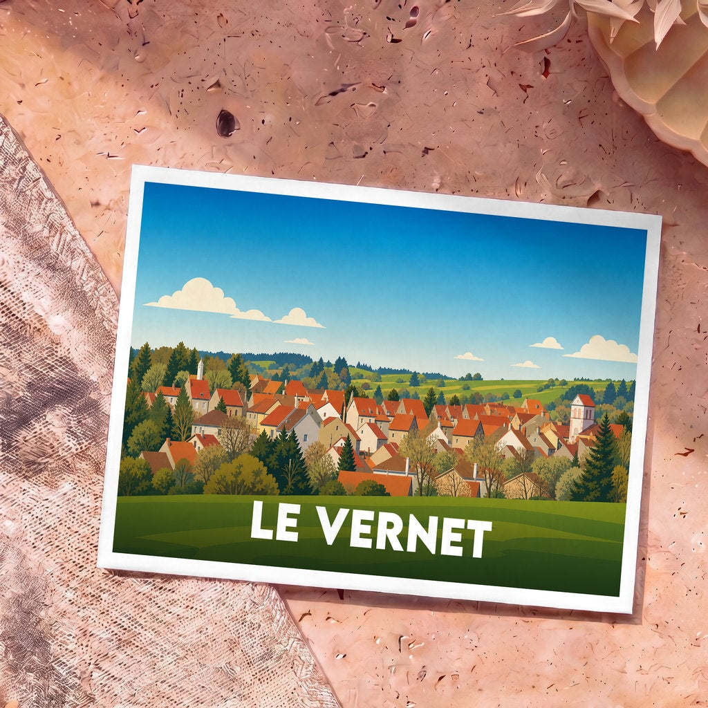 Carte postale souvenir de la ville de Le Vernet avec une illustration stylisée.